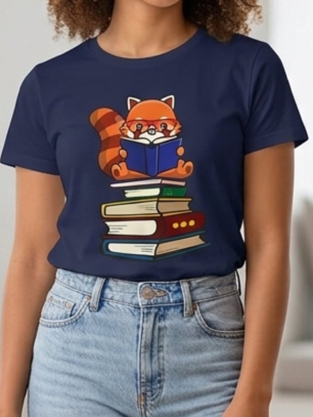 Women's Red Panda Glasses Lover Reading Books Navy Medium T-Shirt